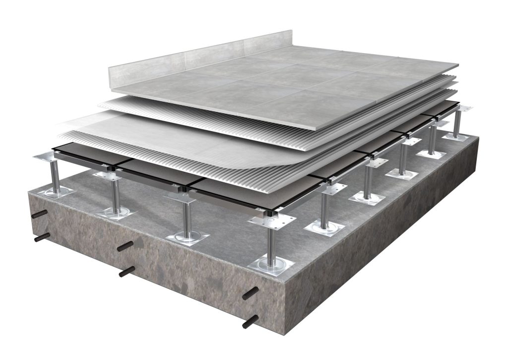 Tiling to raised access flooring system diagram: H40 Extreme adhesive, Biotex reinforcement membrane, H40 Extreme adhesive, tiles, Fugabella Color grout, Silicone Color sealant