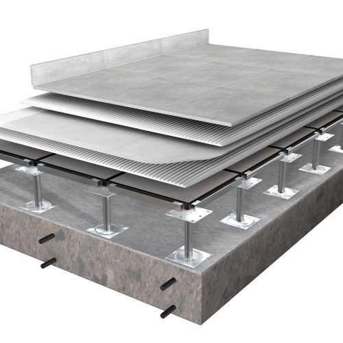 Tiling to raised access flooring system diagram: H40 Extreme adhesive, Biotex reinforcement membrane, H40 Extreme adhesive, tiles, Fugabella Color grout, Silicone Color sealant