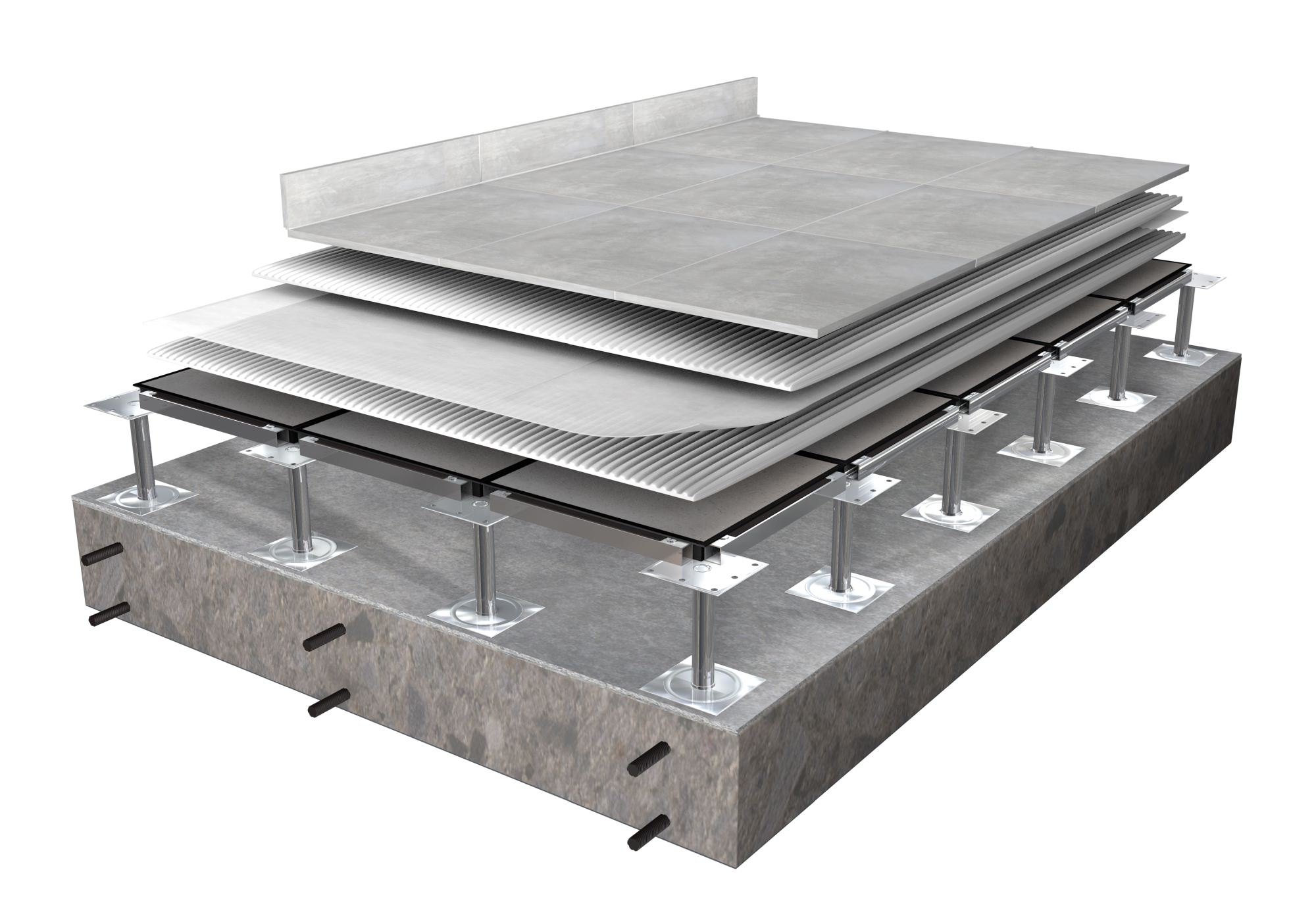 Tiling to raised access flooring system diagram: H40 Extreme adhesive, Biotex reinforcement membrane, H40 Extreme adhesive, tiles, Fugabella Color grout, Silicone Color sealant